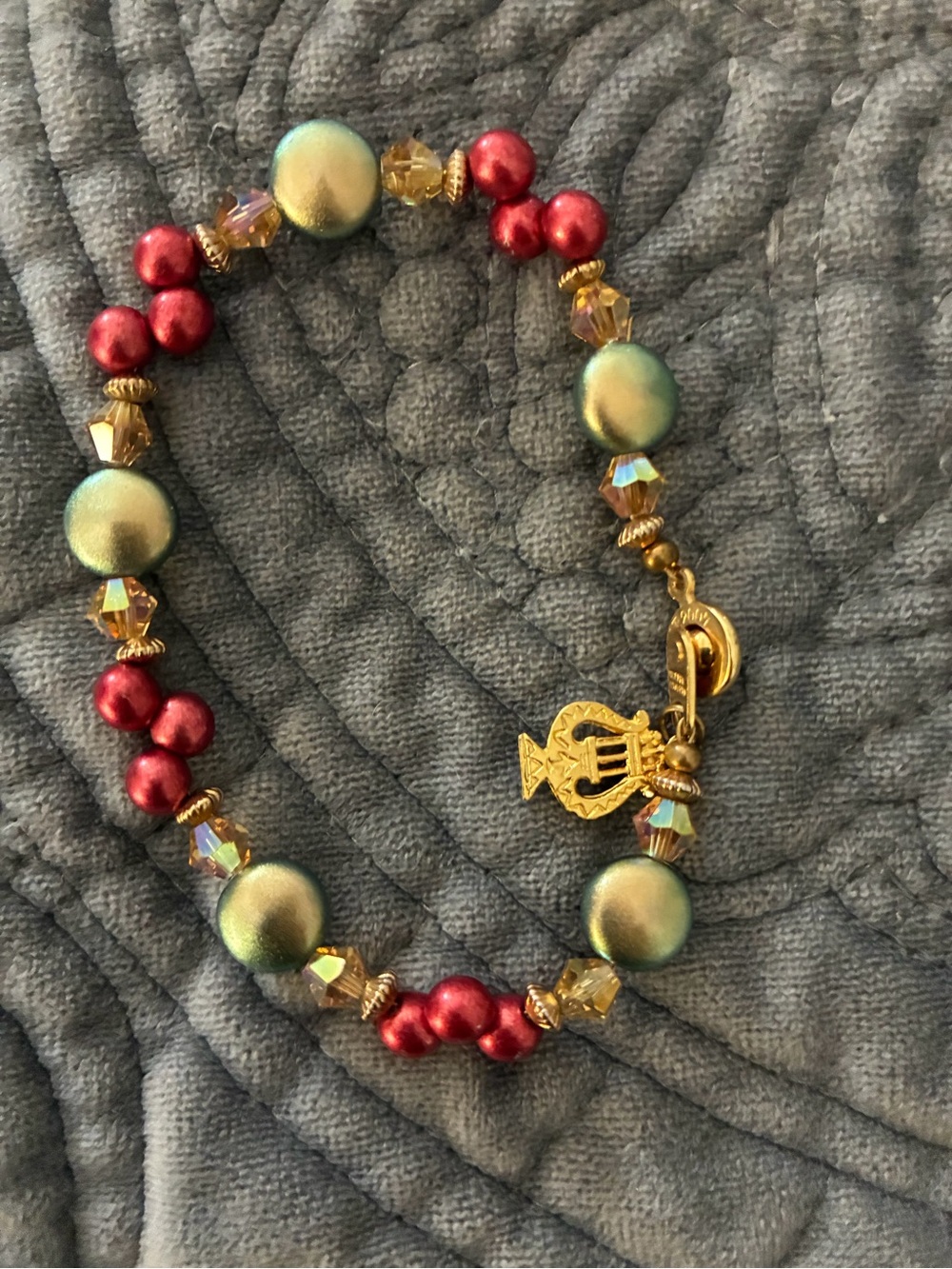Alpha Chi Omega Gold Charm Beaded Bracelet with Red and Green Pearlescent Beads